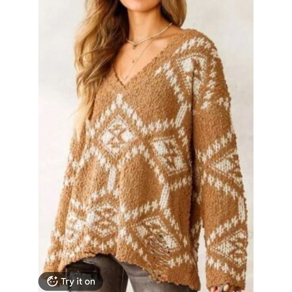 Boho Hyfve Women Small Sweater Brown Geometric Southwestern Distressed Sweater